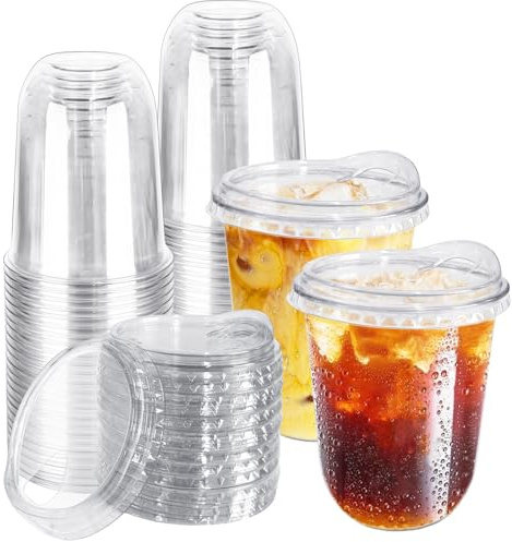 Haayeicai 50 Pack Clear Plastic Cups with Strawless Sip Lids,16OZ Disposable Iced Coffee Cups,To Go Cup with Sip Through Lid for Smoothie,Bubble Tea,Cold Beverage,Wedding Party Drinks