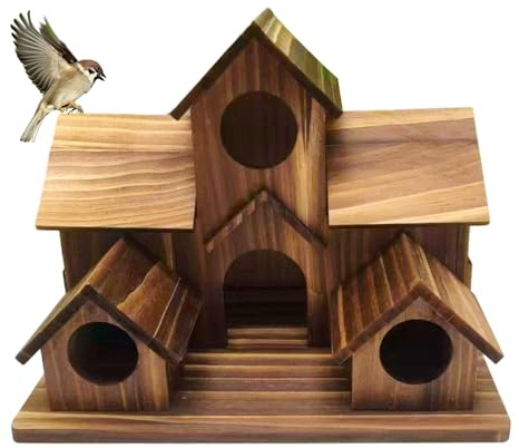 JOAASU Wooden Bird House, 24x18x14cm Multi-Hole Bird Nesting Box for Garden & Backyard, Bird Shelter, Outdoor Hanging Birdhouse with Rustic Decor for Small Wild Birds, Parrots, Blue Tits & Robins