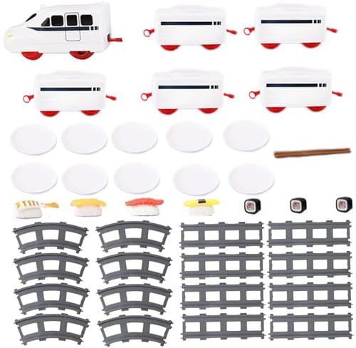 Peosaard Tren de Comida para Mesa, Tren de Sushi, Comida giratoria para Mesa, Cena doméstica con Cinta transportadora de riel, Bandeja para Servir con batería para Fiesta, Plato oscilante, Sushi