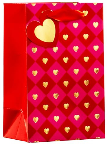 Design By Violet Valentines Hearts Small Gift Bag – Red and Pink Heart Gift Bag with Gold Foil Finish, Ribbon Handle and Gift Tag for Valentine’s Day Treats