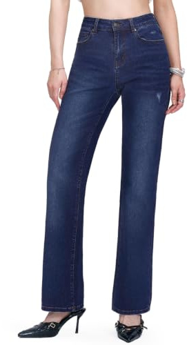Chasehot Straight Leg Jeans for Women, High Waisted Stretchy Ripped Jeans Relaxed-fit Trendy Wide Leg Boyfriend Mom Cute Ladies Denim Pants, 30 Inch Inseam-Dark Indio Wash-Size 8