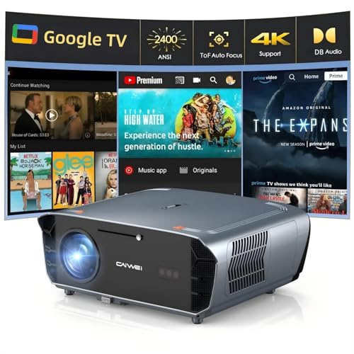 Smart 4K Beamer mit Zertifizierten Apps DB Audio TOF Autofokus 2400 ANSI Projektor Tageslicht 4K HDR Beamers mit GTV, NFC, WiFi6, Bluetooth 5.4, HDMI ARC für Heimkino/Outdoor Film Gaming Decke
