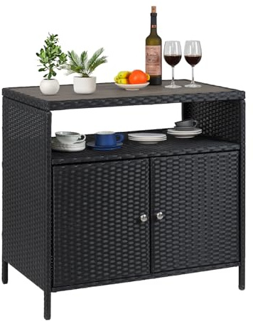 GarveeMore Mueble Bar Exterior De Ratán Resistente Al Clima con Almacenamiento - Armario con Puertas y Estantes para Jardín y Patio - Estructura De Aluminio - Gris