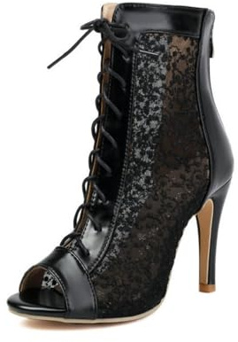 Generico Donna Stivaletti Peep Toe Tacco A Spillo Pizzo Floreale Tomaia Chiusura Lacci Zip Retro Finta Pelle Mid-Calf Stivaletti Formali Eleganti Pumps,Nero,44 EU