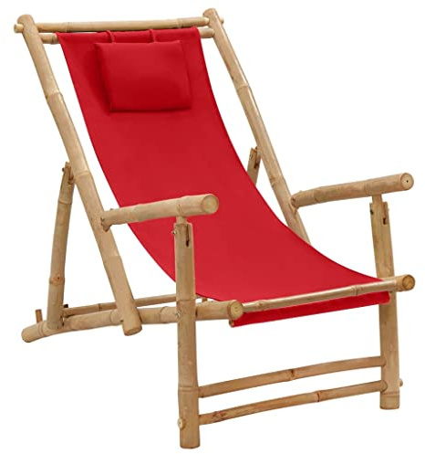 LoogCape Folding Deck Chair Bamboo and Canvas Red with Adjustable Backrest, Sturdy Frame, Weatherproof, Ideal as a Garden Chair, Balcony Chair, Patio Chair for Relaxing