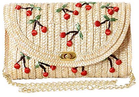 EVEOUT Sacs à main portés épaule en paille pour femme filles Sac à bandoulière brodé motif cerise Pochette de paille pour la fête de mariage d'été, Cerise, Taille unique, Élégant