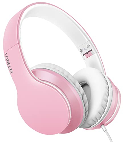LORELEI X6 - Cascos con micrófono, ligeros, plegables, estéreo, bajos, 1,45 m de cable sin enredos, auriculares con cable para smartphone, tablet, MP3/4, rosa