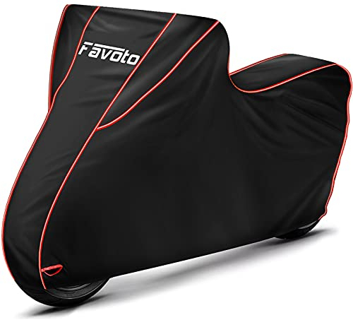 Favoto Funda para Moto Cubierta de la Motocicleta 300D Oxford con Largas Tiras Reflectantes a Prueba de Polvo Lluvia Viento Hojas Excrementos de Aves al Aire Libre XXXL 265cm Negro+Rojo
