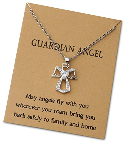 WUSUANED Guardian Angel Necklace Zircon Heart Angels Jewelry Angel of Protection Gift With Wish Card