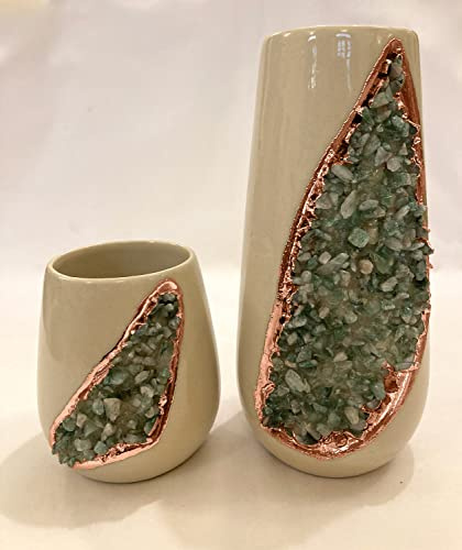 Cream and Gold Ceramic Vase/Planter/Pot/Wine Goblet/Mug with Light Green Semi - Precious Agate Crystal Gemstones |Both (Small & Large), (Rose Gold - Finish)