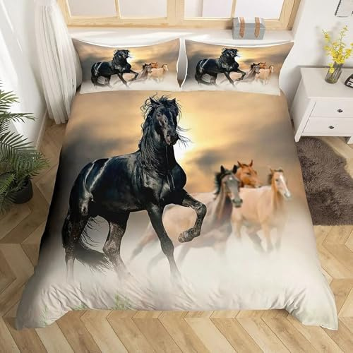 Juego de ropa de cama infantil, diseño de caballos corriendo, estampado 3D, diseño de animales y caballos, funda nórdica para niños, jóvenes, con cremallera y funda de almohada (negro2, 135 x 200 cm)