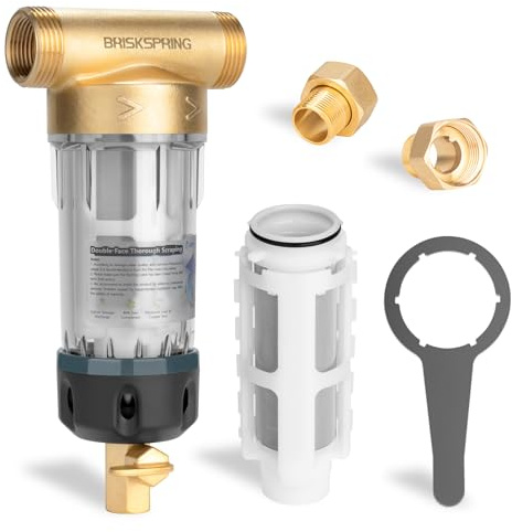BriskSpring Spin Down Sediment Filters With Scraper, Well Water Filter System for House, Reusable Whole House Water Filter for Well Water, 300 Micron, 1 MNPT + 3/4 FNPT + 3/4MNPT, BPA Free