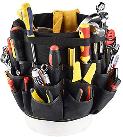 HEEPDD Bucket Tool Organizer, 56 Pockets Caddy Bag for Garden Construction, Carpenter, Electrician, Builder, Black