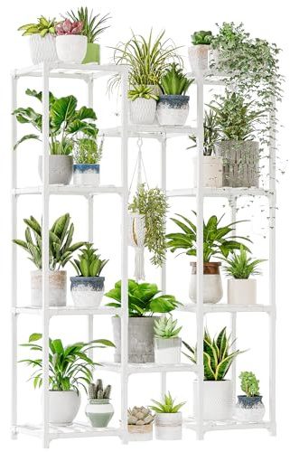 Bamworld White Plant Stand Indoor/Outdoor Ladder Plant Stand, 3 Levels for 7 Pots, Boho Living Room Decor