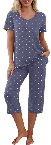 PrinStory Pyjamasset för kvinnor, sovkläder, lounge-kläder, kortärmad t-shirt, capribyxor, med fickor
