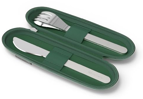 Monbento - Cubiertos Nomades MB Slim Nest Trio Cuchillo verde - Cubiertos para almuerzo caja con estuche - Ideal para comer en la oficina / picnic - Tenedor, cuchara y cuchillo reutilizables de acero