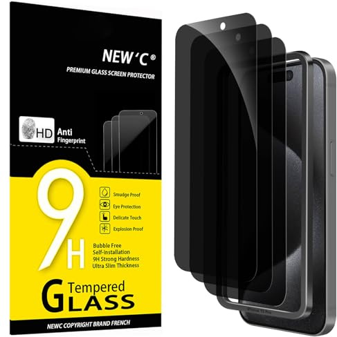 NEW'C 3 Pezzi, Pellicola Protettiva Privacy per iPhone 15 Pro (6,1 Pollici) vetro Temperato Anti-Spionaggio, Angolo di Privacy 28 Gradi Migliorato - Strumento di facile installazione incluso