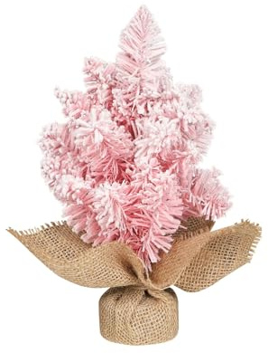 Mini albero di Natale artificiale rosa da 40 cm, con base in iuta, piccolo albero di Natale floccato con neve, decorazione da tavolo per casa, ufficio, feste, regali di Natale e Capodanno