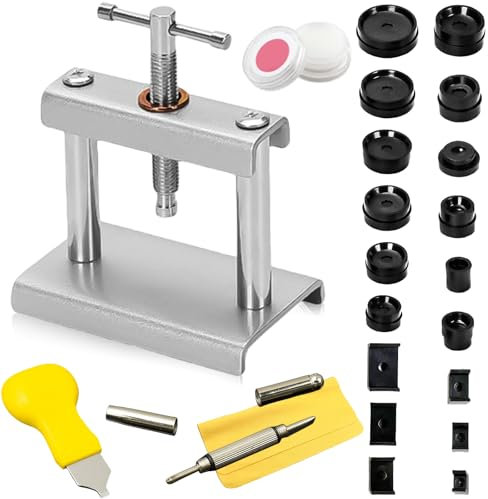 Uhr Presse Set, 23 Teilig Uhrenwerkzeug Set Einpresswerkzeug Uhrenpresse Gehäuseschließer mit 18 Druckplatten Kunststoffeinsätze, Uhrendeckelpresse Reparatur Werkzeug für Uhren Reparatur(Schwarz)