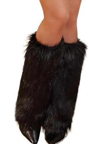 QIBZI Scaldamuscoli da donna e Anelli per gambe, Polsini in pelliccia sintetica, scaldamuscolo peloso, Polsini lunghi, scaldamuscoli invernali (Nero 45CM)