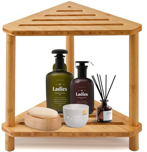 Bamboo Corner Shower Stool,2-Tier Waterproof Shower Stool for Inside Shower Shaving Leg,Small Spaces,Shower Foot Rest with Storage Shelf,Shower Bench,Bath Seat,Corner Nightstand gift for women mom