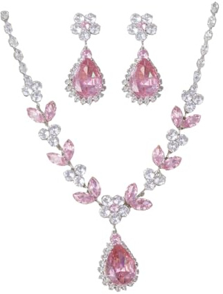 AOWVUTS Joyería Juegos de Joyas Lágrima para Mujeres Boda Joyas de Novia Set Conjunto Collar Plata y Pendientes con Colgante Circonitas Prom Novia Fiesta Bijuterias Joyas (Rosa)