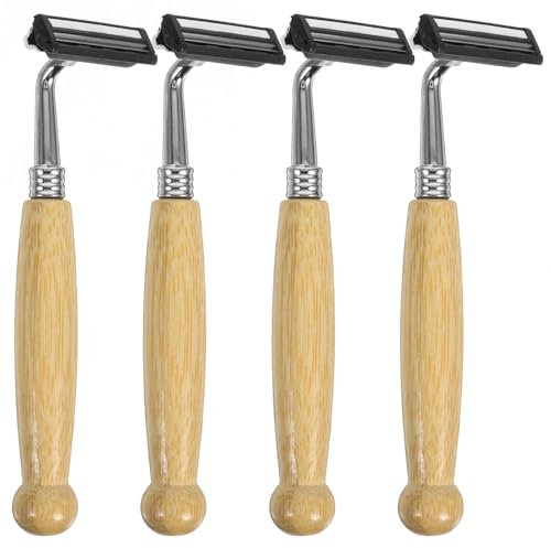 FRCOLOR 1 Satz Rasiermesser Aus Edelstahl Razor Rasiere Bambusgriff Schnurrbart Trimmer Rasierhobel Handhaben Haarschneider Bartschneider Der Kopf Ist Eine Zinklegierung 4 Stück