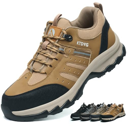 Zapatos de Seguridad para Hombre Mujer Zapatillas Trabajo Ligero Comodo Calzado de Seguridad con Punta de Acero Antideslizante, Marrón, 43EU