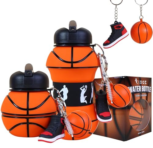 RIXOZ Basketball Collapsible Water Bottle - 550ml Silicone Bottle With Basketball & Sneaker Keyring