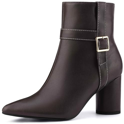 Perphy Pointed Toe Buckle Decor Block Chunky Heel Ankle Boots for Women Coffee 6 UK/Label Size 8 US