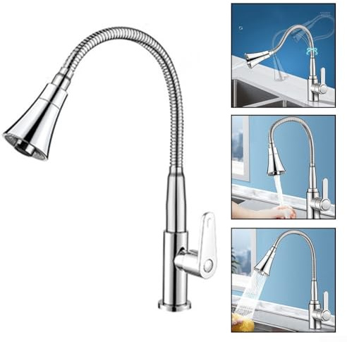 Grifo de cocina de acero inoxidable con cabezal giratorio multidireccional, agua fría individual, modos de alta presión a prueba de salpicaduras, fácil instalación con tubo de entrada de 60 cm