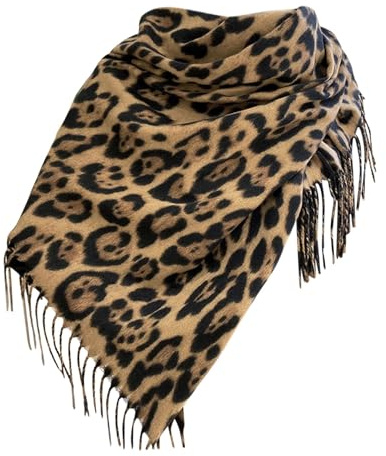 Bufanda para Mujers - Chal, Pañuelo de Cuello, para Otoño e Invierno Cálida, Estampado de Leopardo con Flecos, Sensación de Cachemira, Animal Print Scarf Comodidad