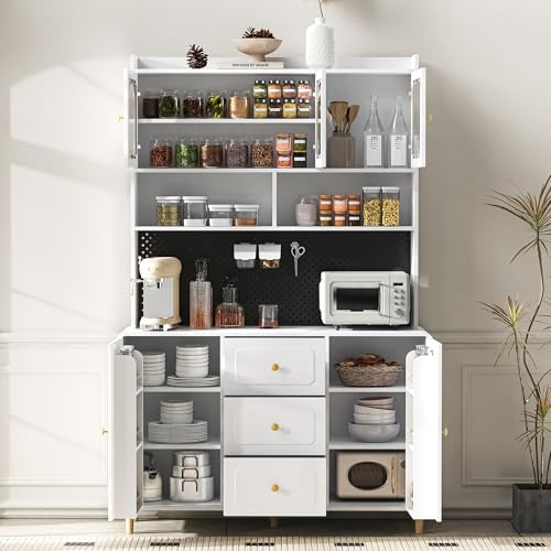Huayz Armario de cocina, armario alto, armario de vitrina, armario buffet, armario de bar con soportes para copas de vino y espacio de almacenamiento, 5 puertas y 3 cajones, para cocinas y comedores