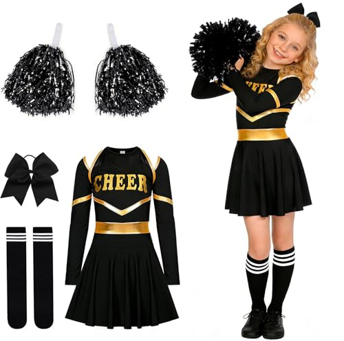 DAZZTIME Disfraz de Animadora para Niña,Disfraz Cheerleader,Uniforme Cheerleader,con Pompones y Calcetines A Rayas y Tocado,Uniforme de Cheerleader,para Carnaval,Mardi Gras,Fiesta Temática