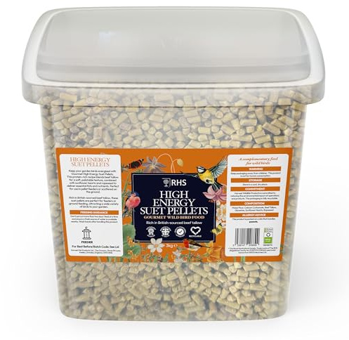 RHS High Energy Suet Pellets, 3kg Tub - Premium Suet Bird Feed with British-Sourced Beef Tallow, Sunflower Hearts and Rapeseed - Ideal for Feeders - Attracts Robins, Tits, Sparrows