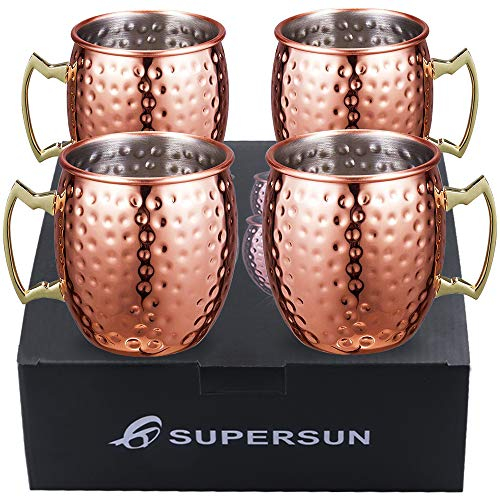 SUPERSUN Set 4er Moscow Mule Becher Gin Gläser für Spicy Ginger Beer, Kupferbecher Cocktailgläser of 530ml für Beer, Party Becher, Bar Set, Geschenke für Männer