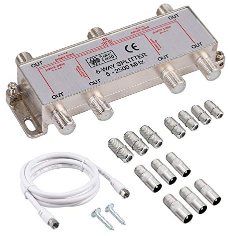 Justech 6 Way Satellite Splitter F Type Splitter Coax Cable Splitter 5-2500MHz with 1.5m Coax Cable F Plugs for Sky Box Telewest Eurovox Starview Dreambox