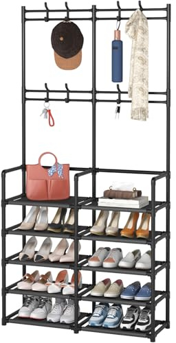 Laiensia 5-Tier Entryway Coat Rack, Coat and Shoe Rack, Entryway Bench Storage Organizer with 8 Hooks for Bedroom, Hallway, Office, Black