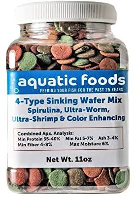 Aquatic Foods Inc. 4-Type 12mm - 1/2 Sinking Wafer Mix of Spirulina-Algae, Ultra-Worm, Ultra-Shrimp, Color Enhancing Wafers for Shrimp, Snails, Crabs, Crayfish, All Tropical Fish..11oz Small Jar