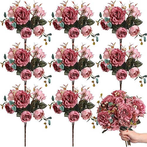 Yunsailing 8 Packs Artificial Peony Flowers Faux Silk Hydrangea Bouquet Vintage Wedding Home Table for Door Decor Reusable Bouquet of Rose Flowers for Valentine Wedding Birthday Party(Dark Pink)