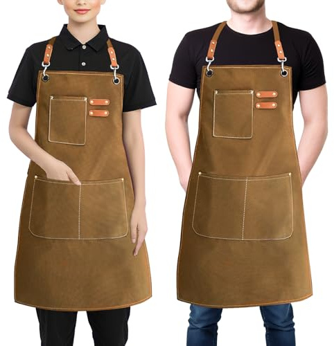 BOCHION Aprons for Women Men, Cotton Canvas Chef Apron with Adjustable Strap & Large Pockets, Cross Back Work Aprons for Kitchen Cooking, Baking, Gardening, Painting, Artist, One Size Fits All