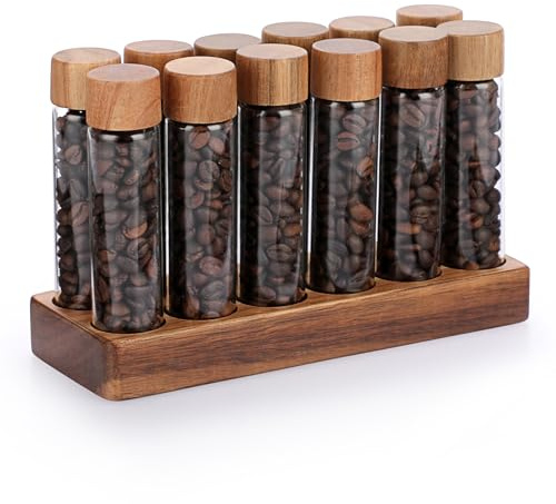 JUXYES Set of 12 Single Dose Coffee Bean Storage Tubes with Wooden Stand and Lids, Dosing Glass Vials for Coffee Storage, Coffee Bean Container Cellars, Espresso Bean Canisters Set, 2 fl oz