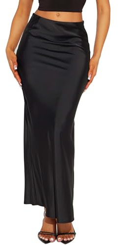 TZLDN Women Midi Skirt Satin Maxi Skirt High Wasited Skirts Silk Flowy Fall Winter Black S