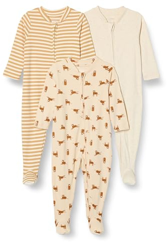 Amazon Essentials Combinaison Pour Jour et Nuit avec Pieds Mixte Bébé, Lot de 3, Avoine Chiné/Rayures/Tigre, 0 mois