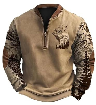 kewing Sweat-Shirt Western de Chasse au cerf pour Hommes Haut Ethnique Vintage Chemise à Manches Longues à col en V Sweat-Shirts à Demi-Zip