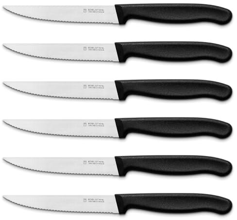targzier Coltelli da bistecca,6 pezzi Coltello da tavola in acciaio inox,Coltello da bistecca affilato e seghettato,Robusto Manico Sintetico,Set di coltelli da cucina nero,Lavabile in lavastoviglie