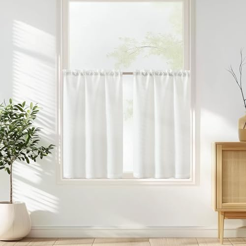 Vangao Tende per Interni Bianco 90 x 45 cm 2 pezzi Moderne Tende Cucina Corta con Passanti Tenda Finestre Piccole da vetro per soggiorno Bagno Bistrot per Casa Poliestere