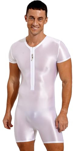 Riismen Traje Entero De Cuerpo Brillante Para Hombres Body Con Deportivo Con Cremallera Ajustado Elástico Traje De Gimnasia Ropa Interior Blanco XL