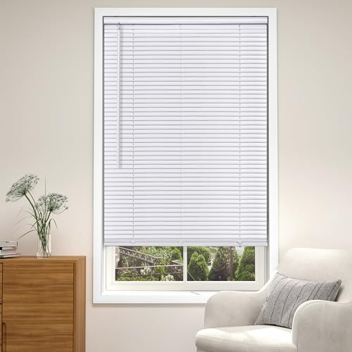 LazBlinds Cordless White 1 Room Darkening Vinyl Mini Blinds, 22 W X 36 H Horizontal Window Blinds for Home, Cordless Shades for Indoor Windows