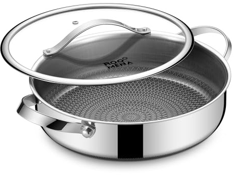 Roomena Frying Pans Nonstick with Lid, Hybrid Ceramic Nonstick Tri-Ply Saute Pan with Lid, PFAS/PFOA/PTFE Free, Metal Utensil Safe, Dishwasher & Oven Safe, Induction Compatible